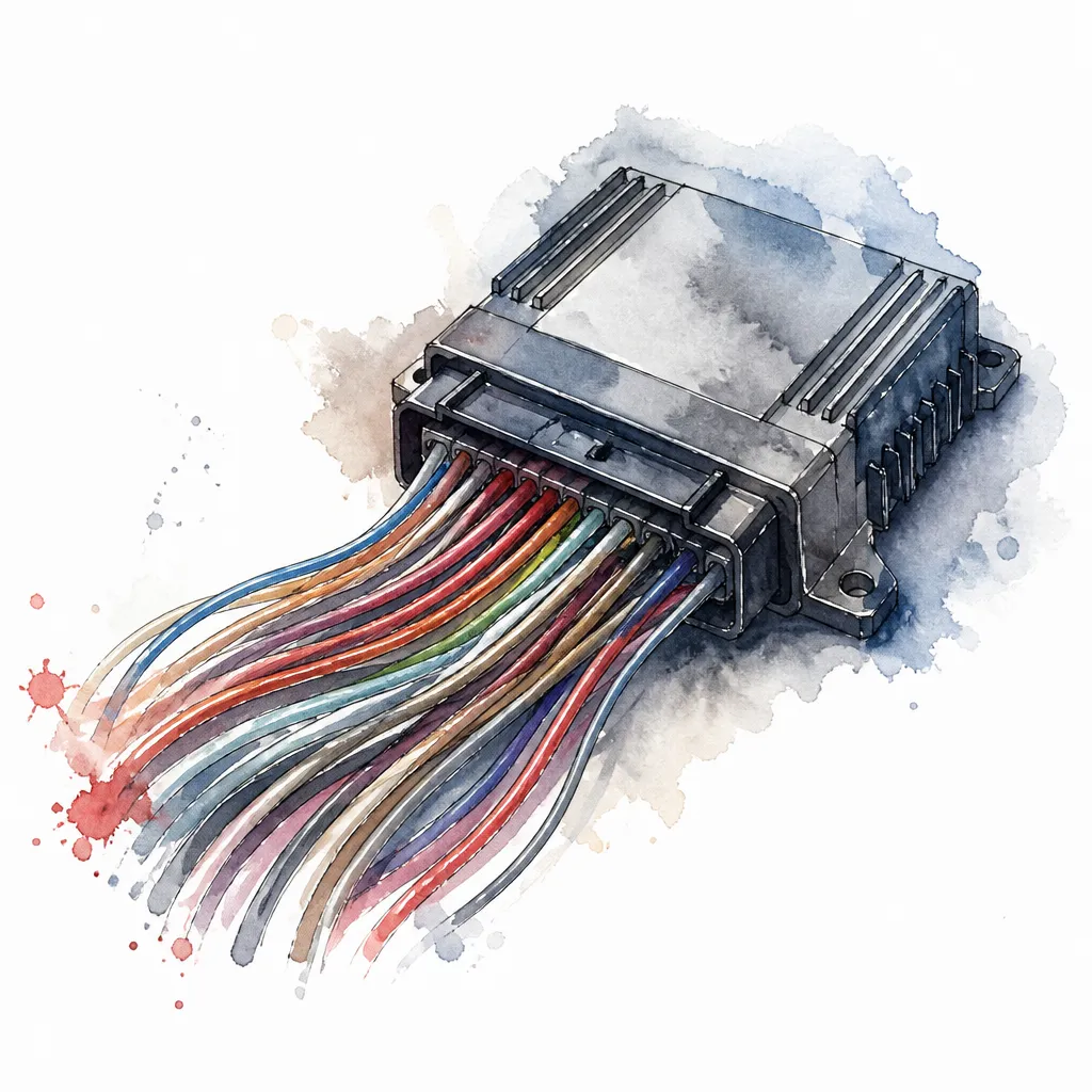 Watercolour close-up of a compact control unit with colourful wires fanning from its connector.