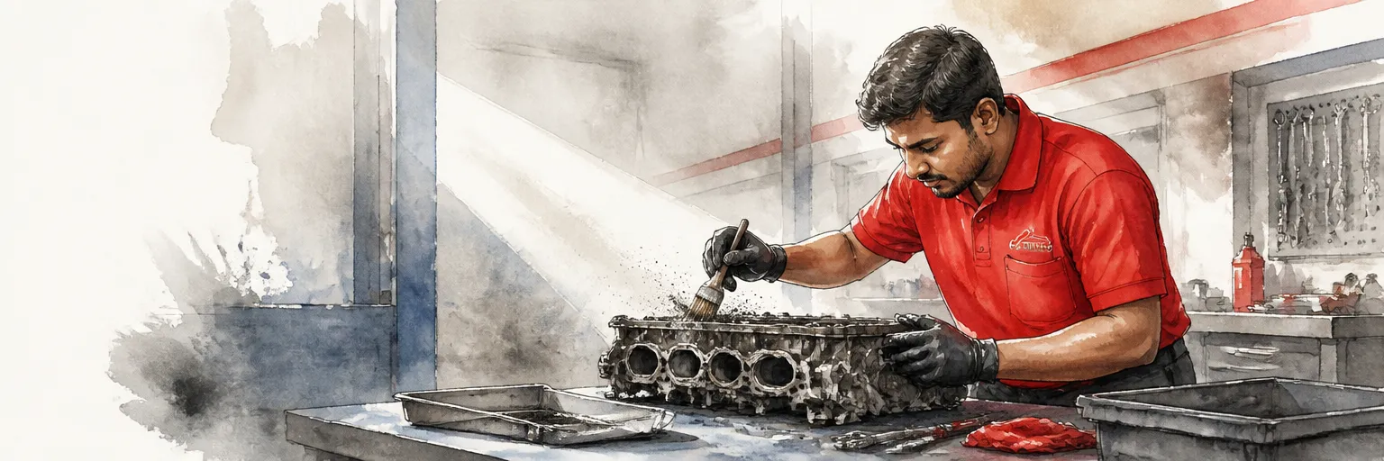 Watercolour illustration of a technician in a red polo shirt brushing carbon deposits out of an intake manifold.