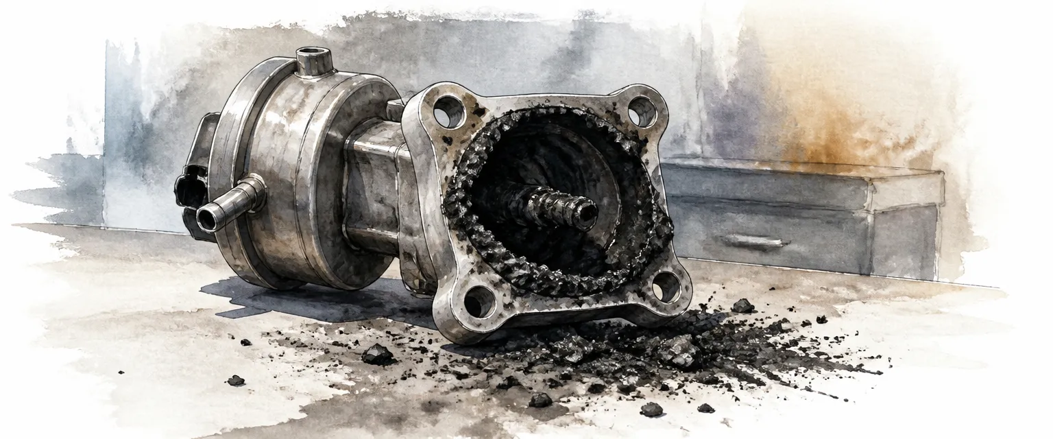 Watercolour illustration of an exhaust gas recirculation valve caked in black carbon on a workbench.