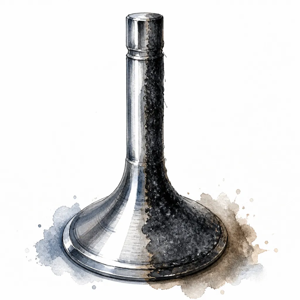 Watercolour close-up of a valve half cleaned to bright metal and half crusted in black carbon.