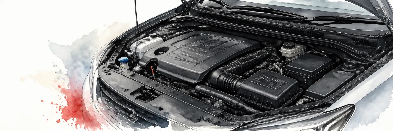 Watercolour illustration of a spotless engine bay with hoses and covers in uniform satin black.