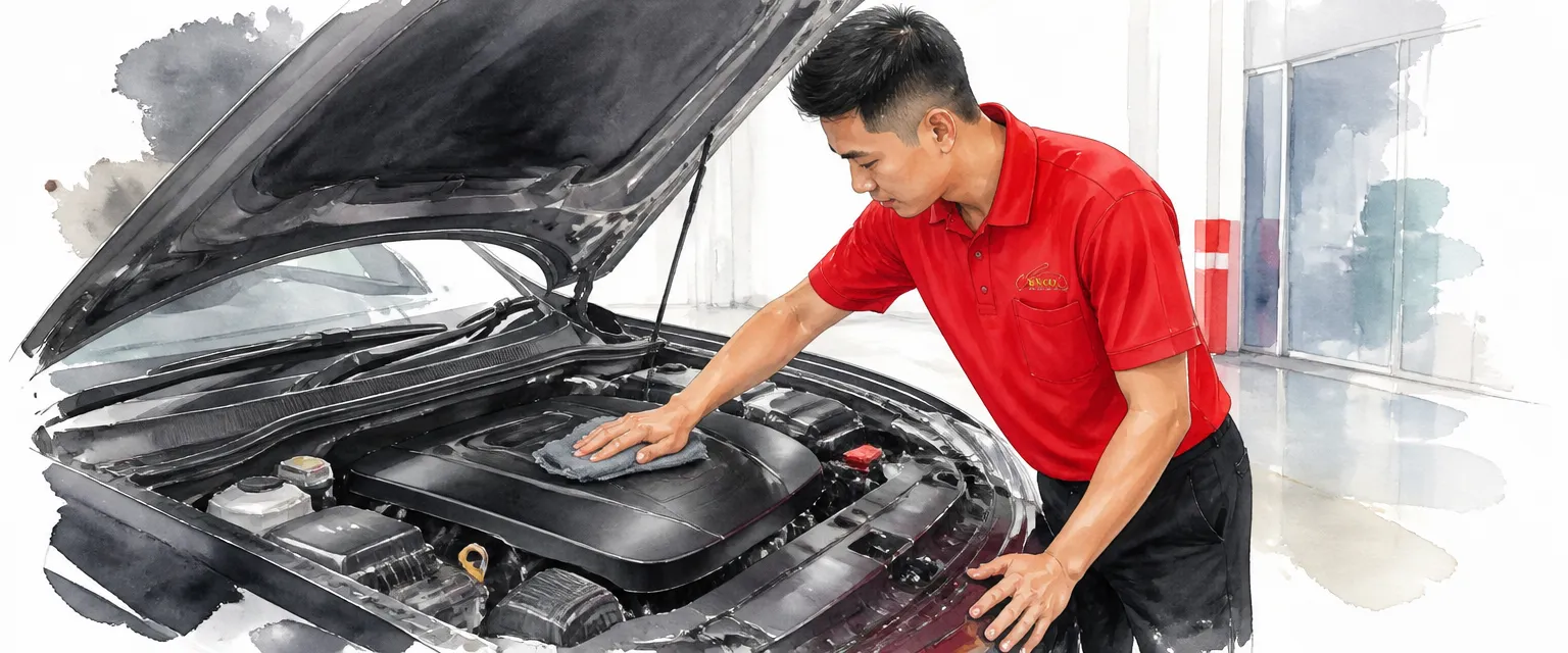 Watercolour illustration of a technician in a red polo shirt wiping an engine cover with a damp microfibre cloth.