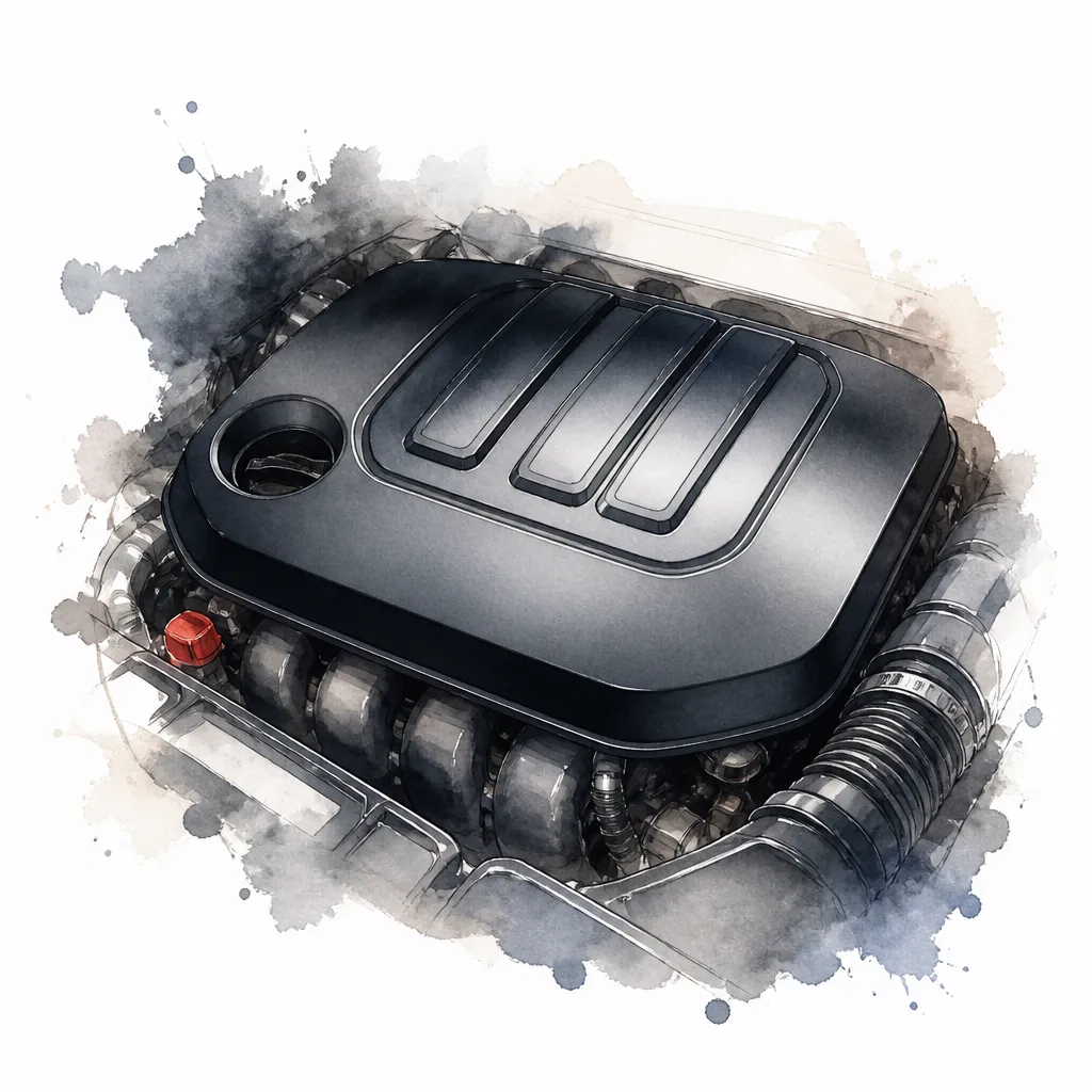 Watercolour close-up of a black plastic engine cover dressed to a satin sheen.