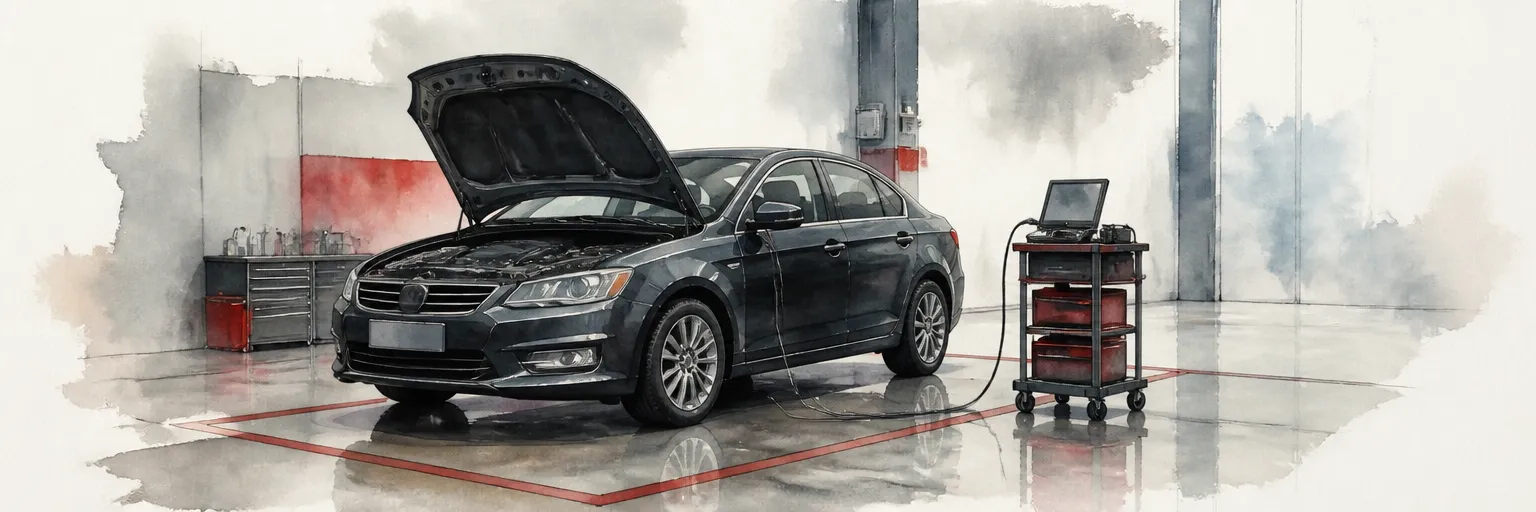 Watercolour illustration of a diagnostic cable running from under a saloon's dash to a trolley of workshop equipment.