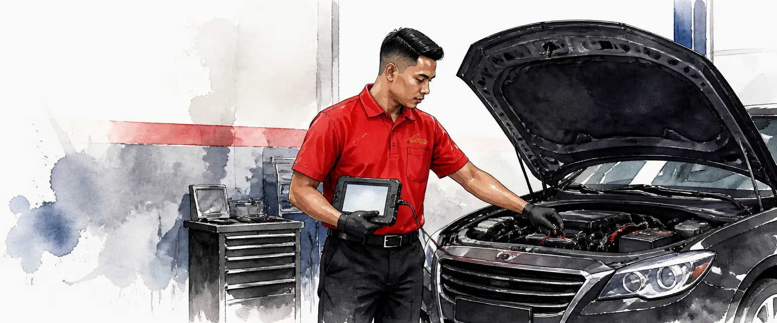 Watercolour illustration of a technician in a red polo shirt holding a diagnostic tablet at the open bonnet of a dark saloon.