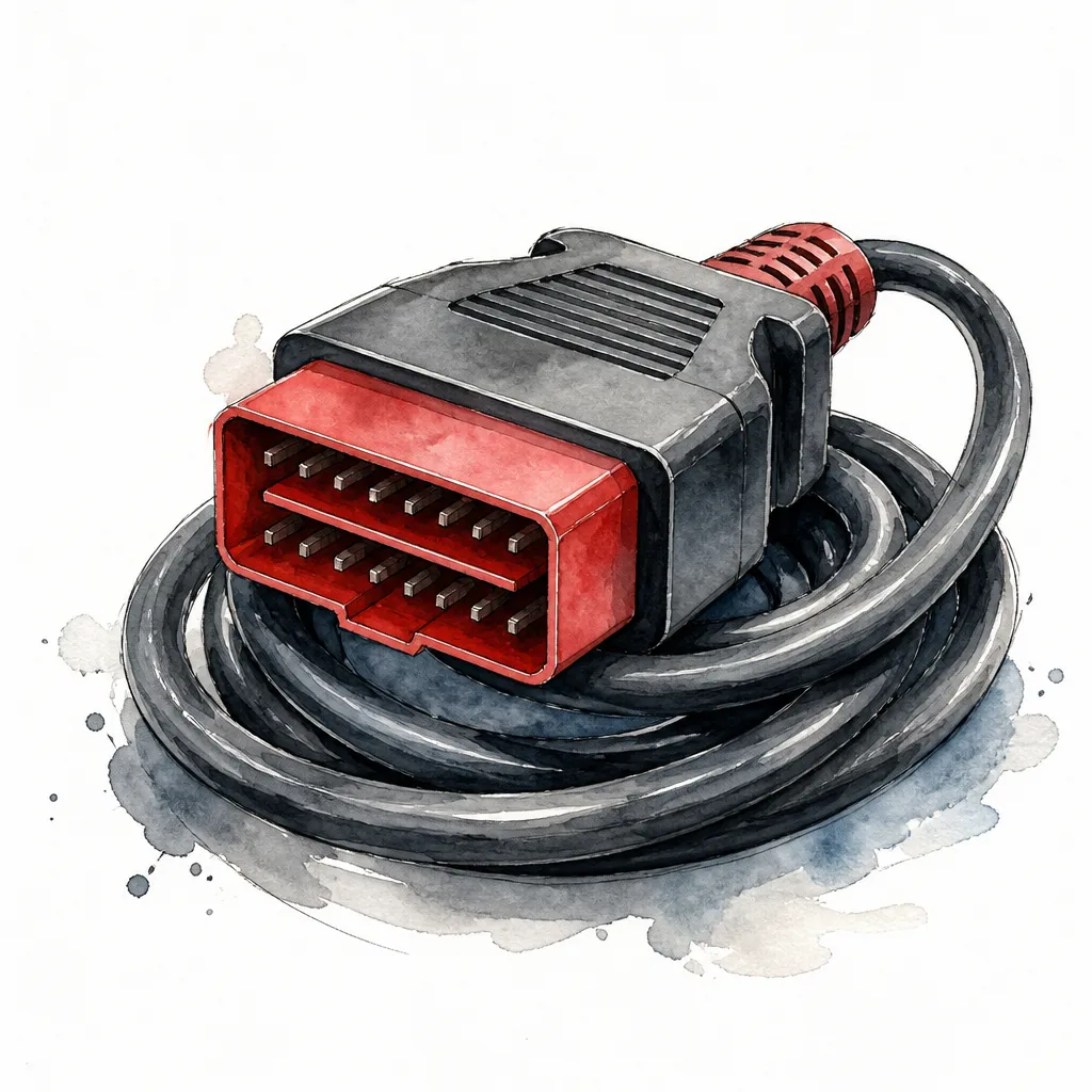 Watercolour close-up of a diagnostic connector plug with its ribbed cable coiled beneath.