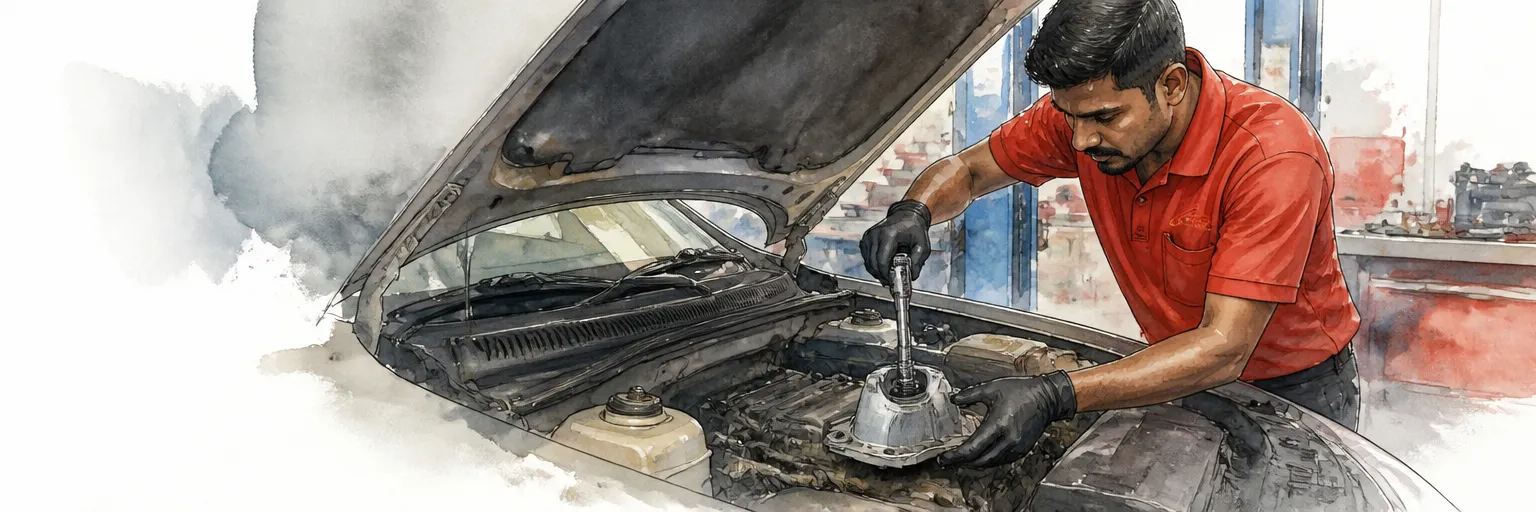 Watercolour illustration of a technician in a red polo shirt lowering a new engine mount into an engine bay.