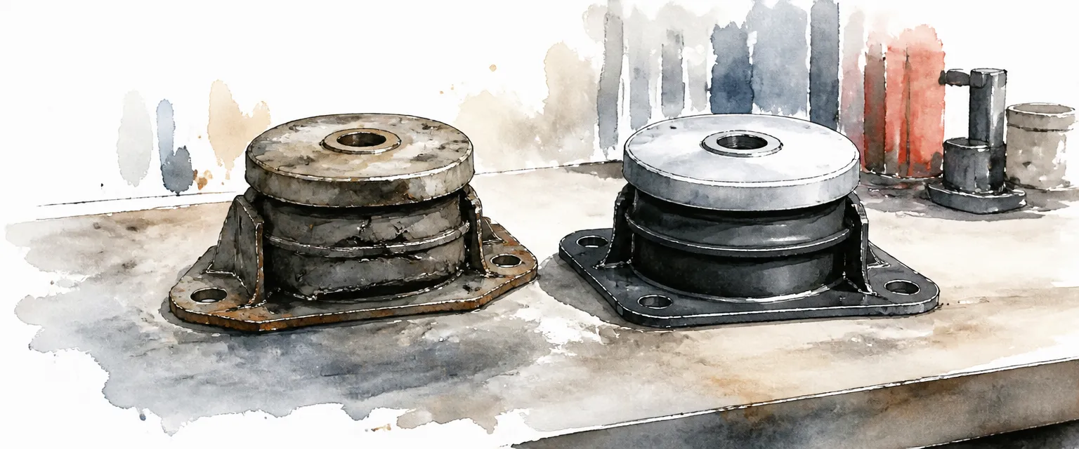 Watercolour illustration of a worn cracked engine mount beside a new one on a workbench.