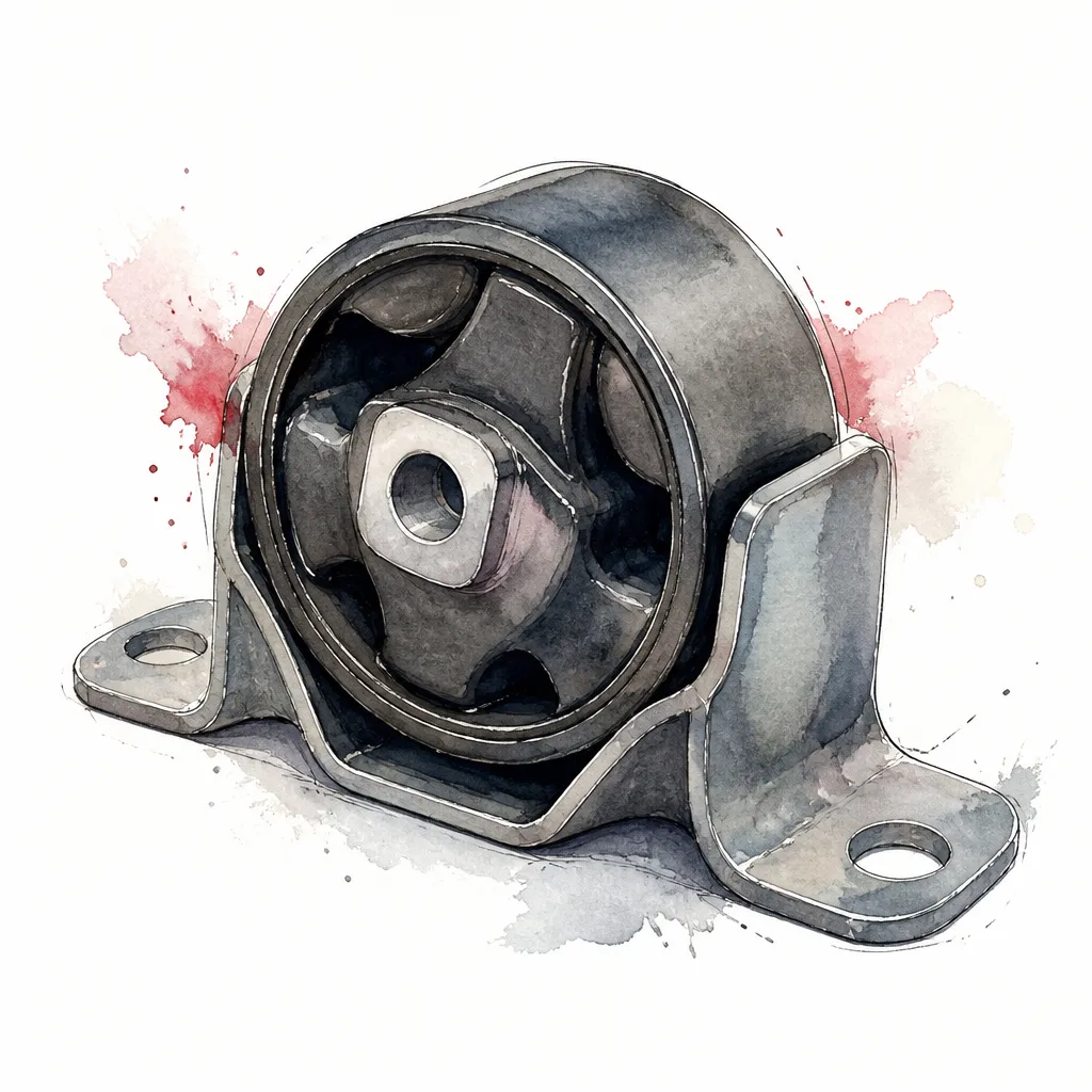 Watercolour close-up of a hydraulic engine mount seated in its metal bracket.