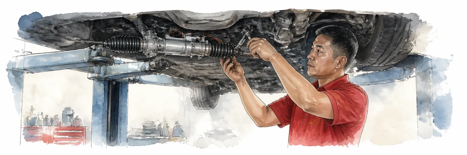 Watercolour illustration of a technician in a red polo shirt unbolting a steering rack beneath a lifted car.