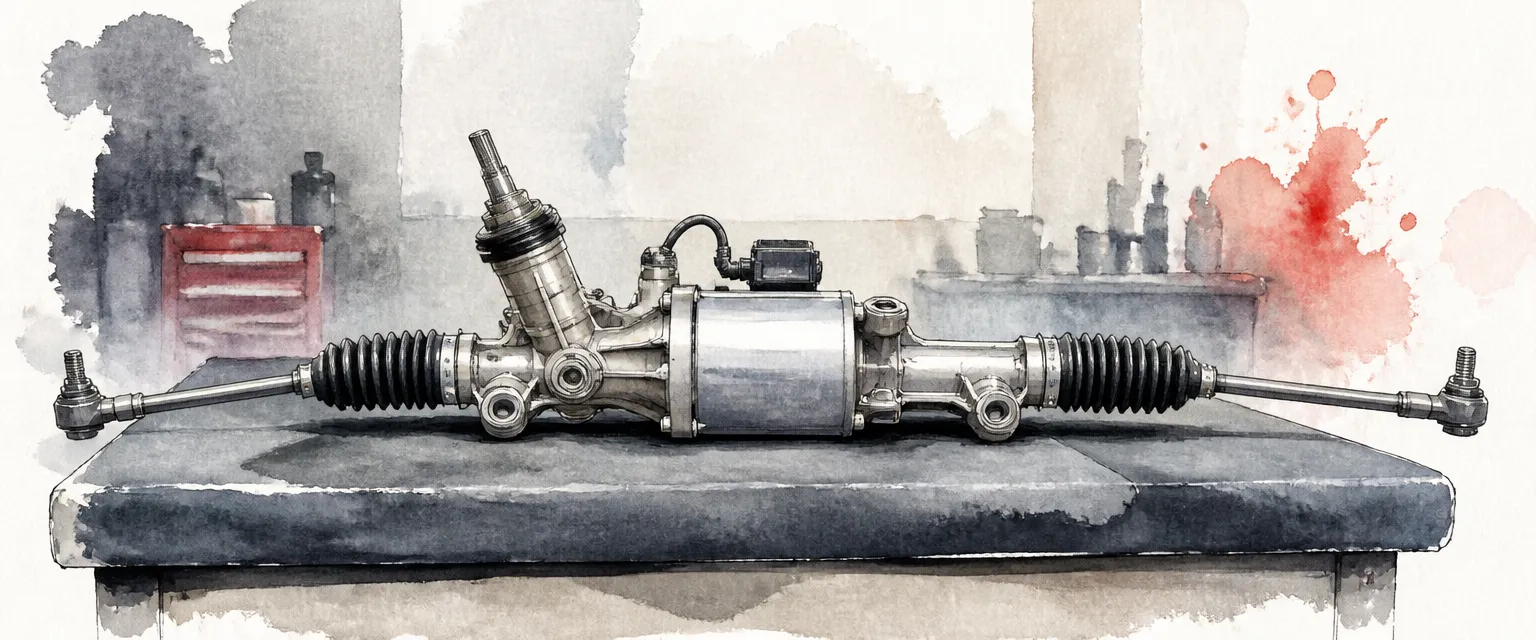 Watercolour illustration of an electric power steering rack with its assist motor laid on a padded bench.