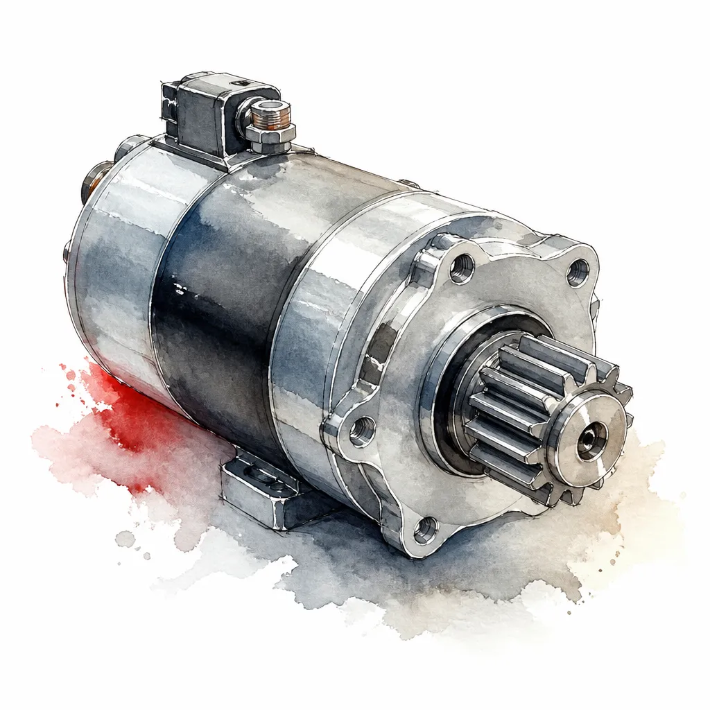 Watercolour close-up of a cylindrical electric assist motor with its toothed drive gear.