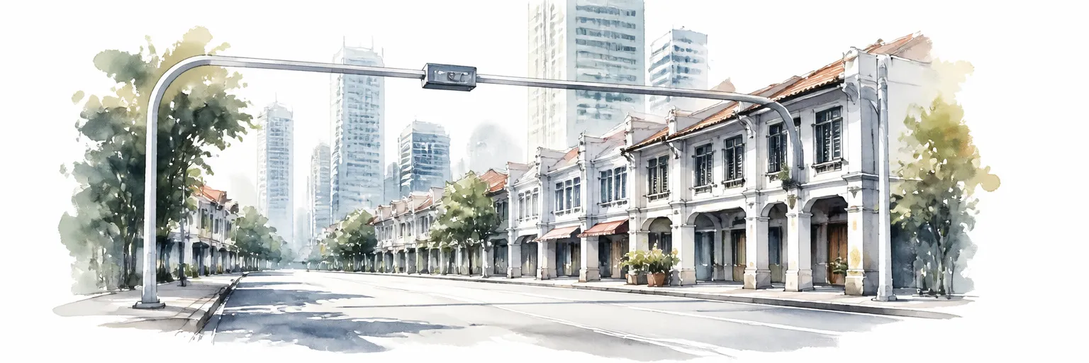 Watercolour illustration of a gantry frame arcing over a quiet city street in morning light.