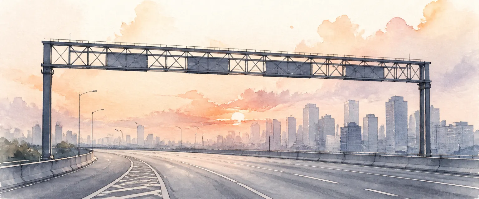 Watercolour illustration of an overhead road gantry spanning an empty Singapore expressway at dawn.