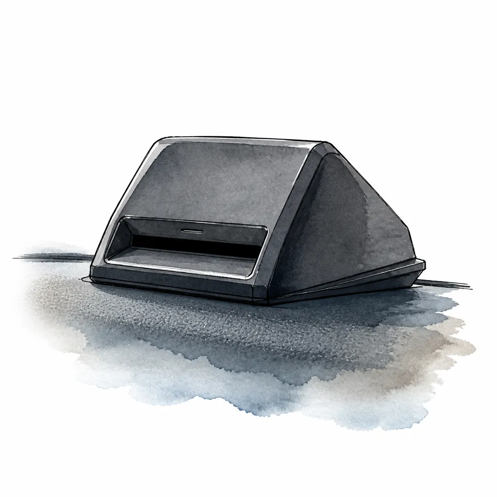Watercolour close-up of a small dashboard in-vehicle unit with an empty card slot.