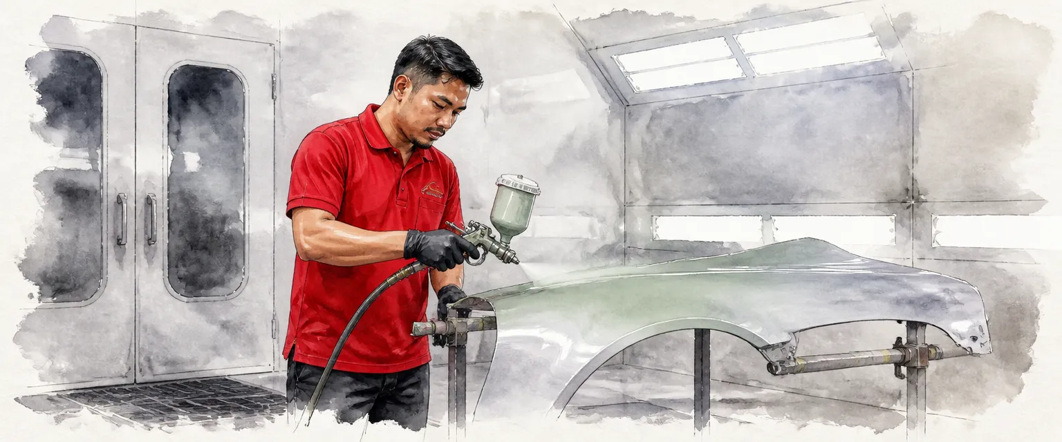 Watercolour illustration of a technician in a red polo shirt misting pale green etch primer onto a bare metal wing panel.