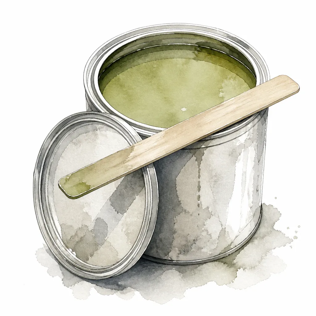 Watercolour close-up of an open tin of pale olive green etch primer with a stir stick across its lid.