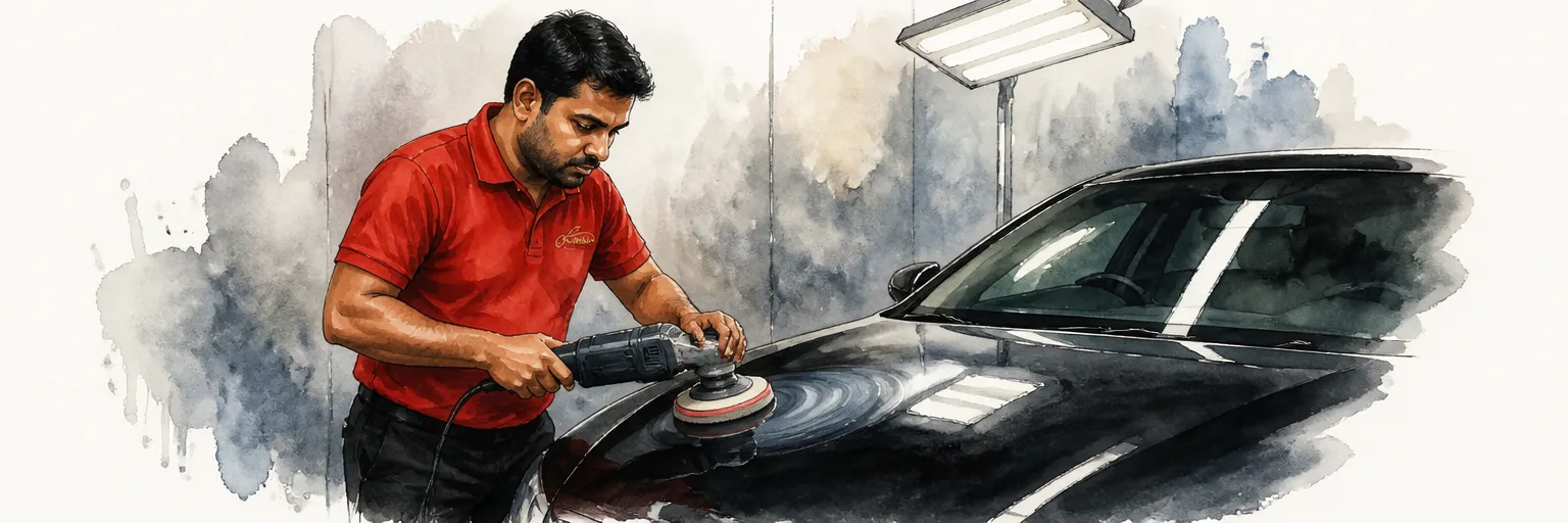 Watercolour illustration of a technician in a red polo shirt polishing an etched mark out of a black bonnet.