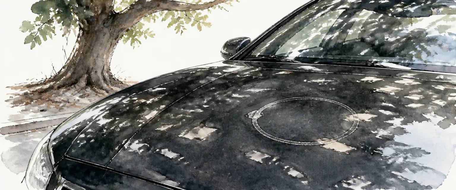 Watercolour close-up of a dull ring-shaped etch mark on the sun-baked bonnet of a black car under a rain tree.