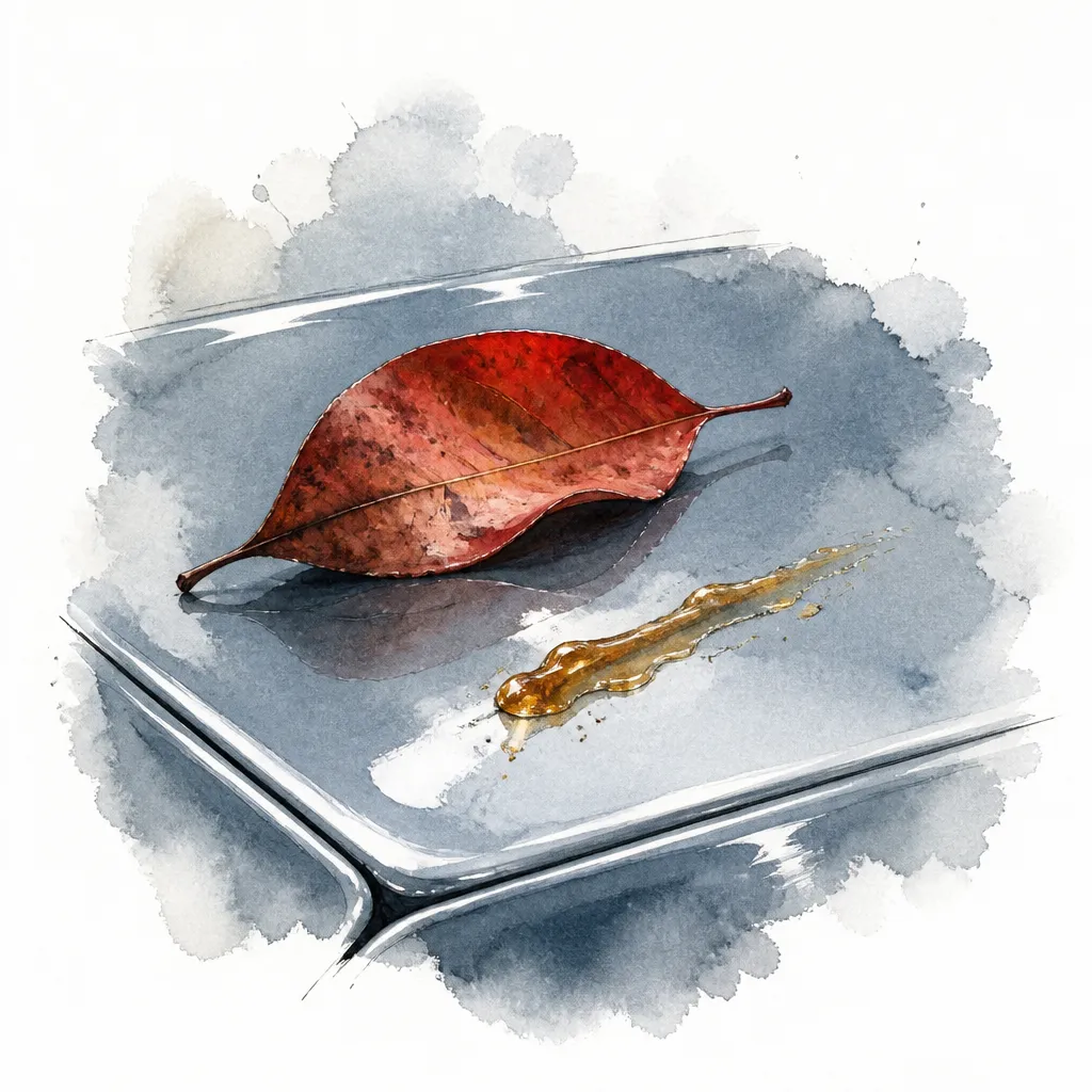 Watercolour close-up of a fallen leaf and a smear of tree sap on a square of glossy painted panel.