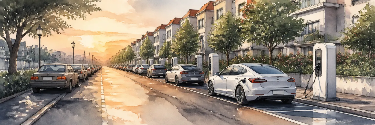 Watercolour illustration of a street where parked petrol cars give way to charging electric cars along its length.