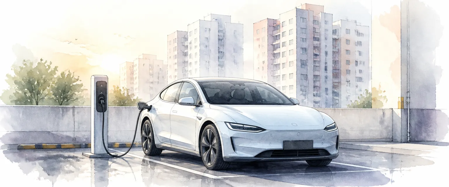 Watercolour illustration of a white electric saloon charging at a pedestal in an HDB car park at first light.