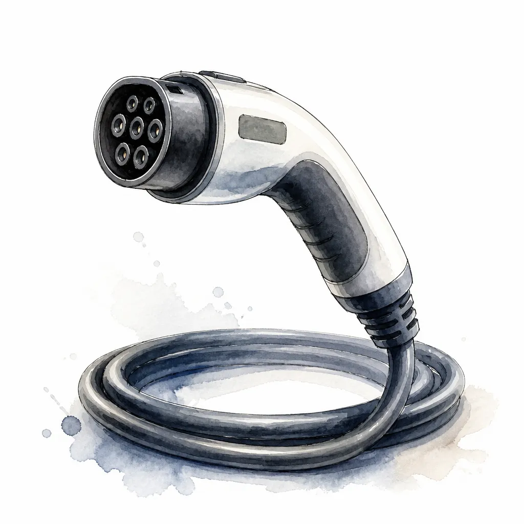Watercolour close-up of a charging plug connector with its cable coiled beneath.