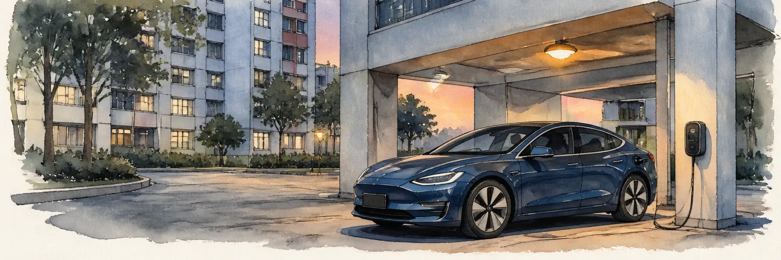 Watercolour illustration of a dark blue electric saloon charging beneath HDB blocks at dusk.