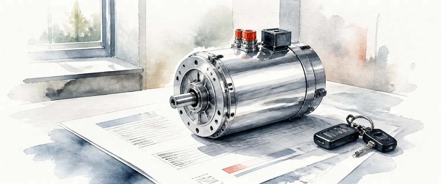 Watercolour illustration of an electric motor resting on unmarked paperwork beside car keys, symbolising power-based road tax.
