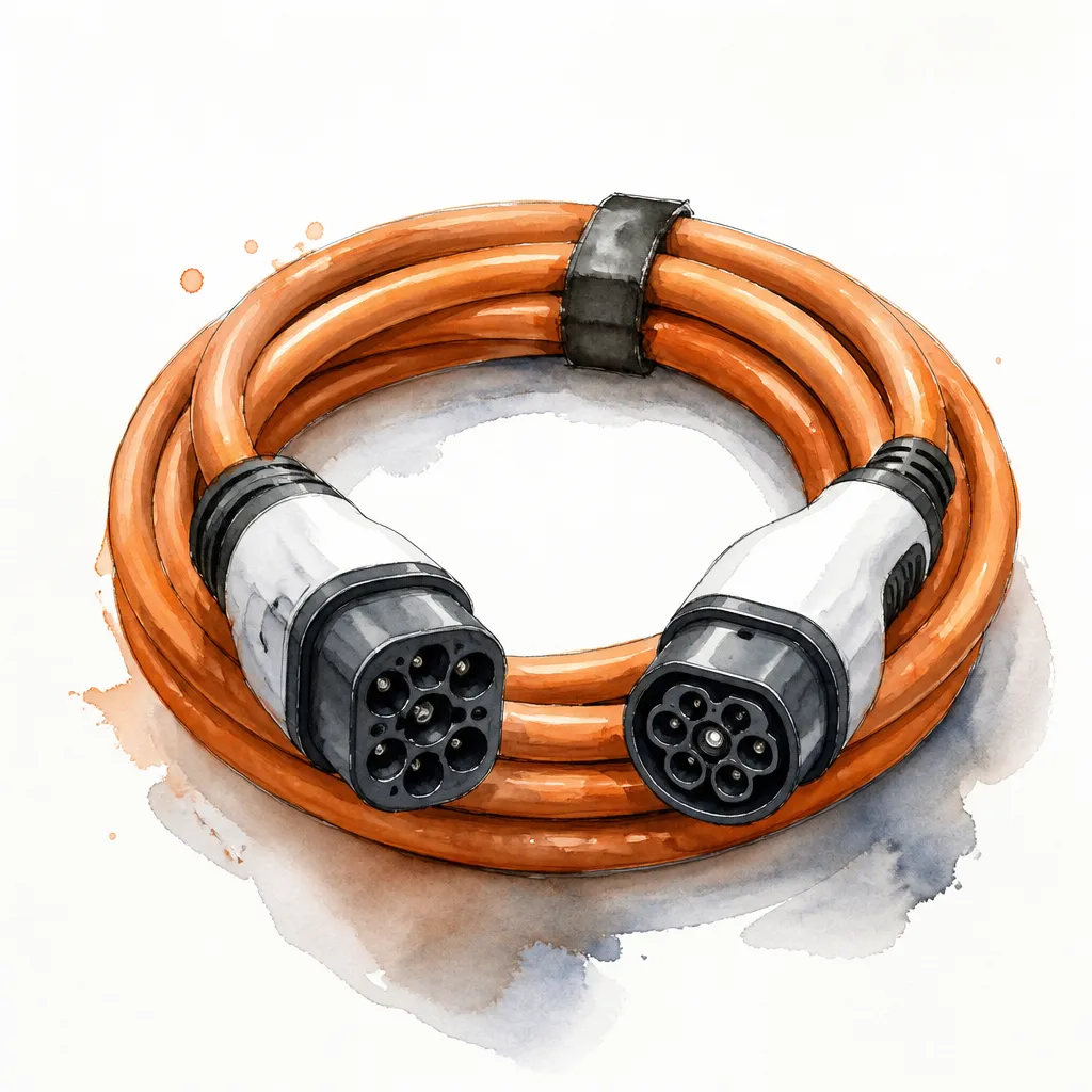Watercolour close-up of a thick orange high-voltage charging cable coiled into a loop.