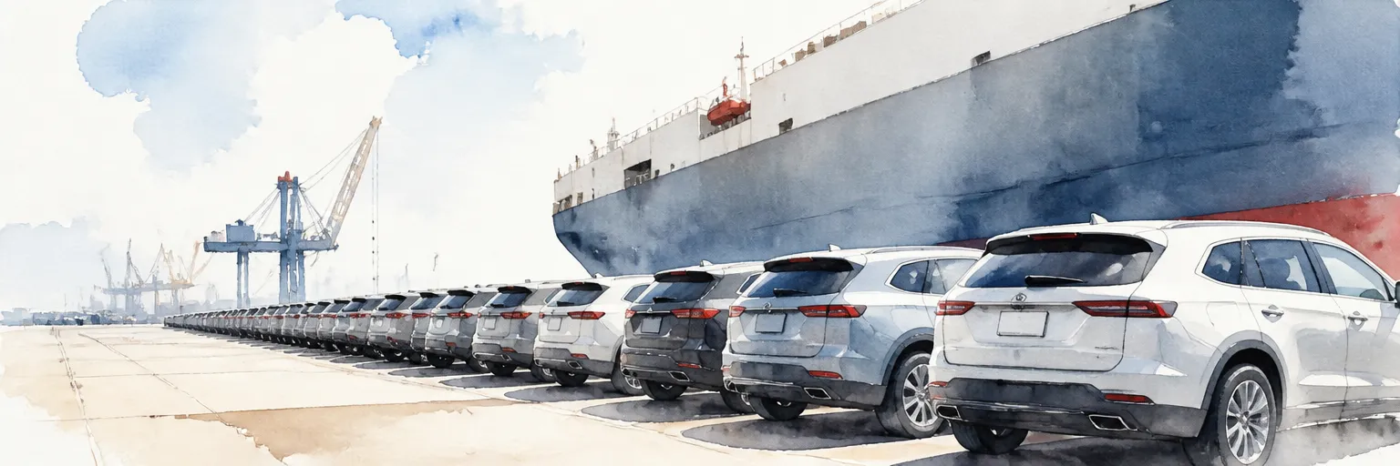 Watercolour illustration of rows of newly landed cars on a port quay with a ship and cranes hazy behind.
