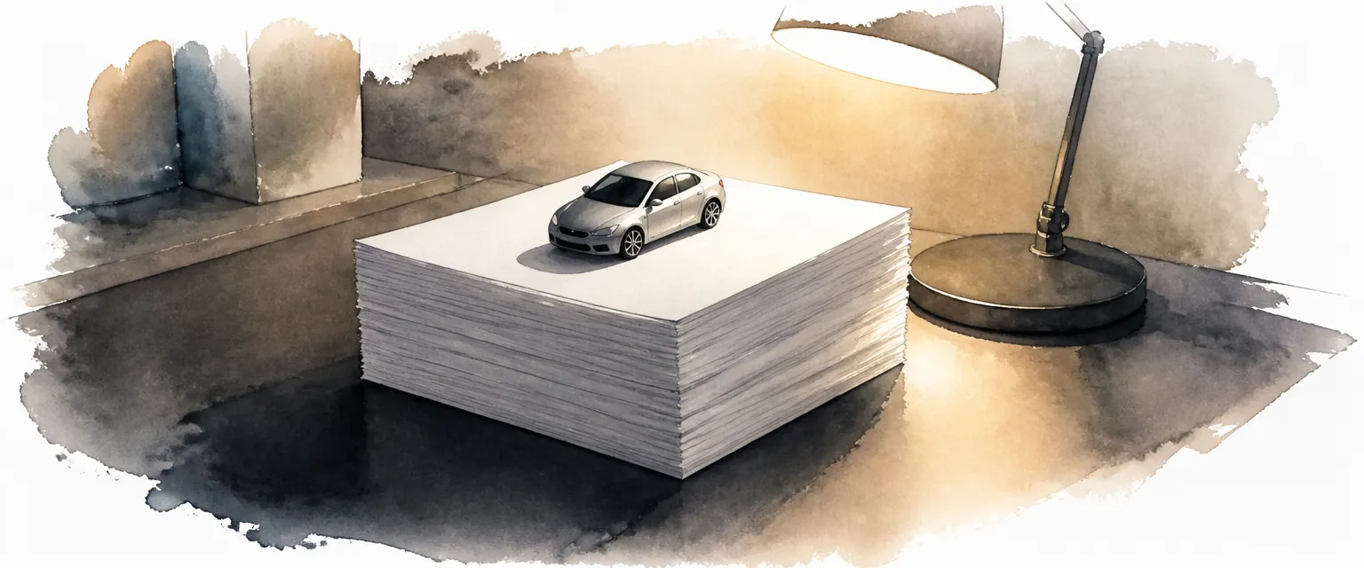 Watercolour illustration of a toy car perched on a tall stack of blank paper sheets, symbolising taxes layered beneath the price.