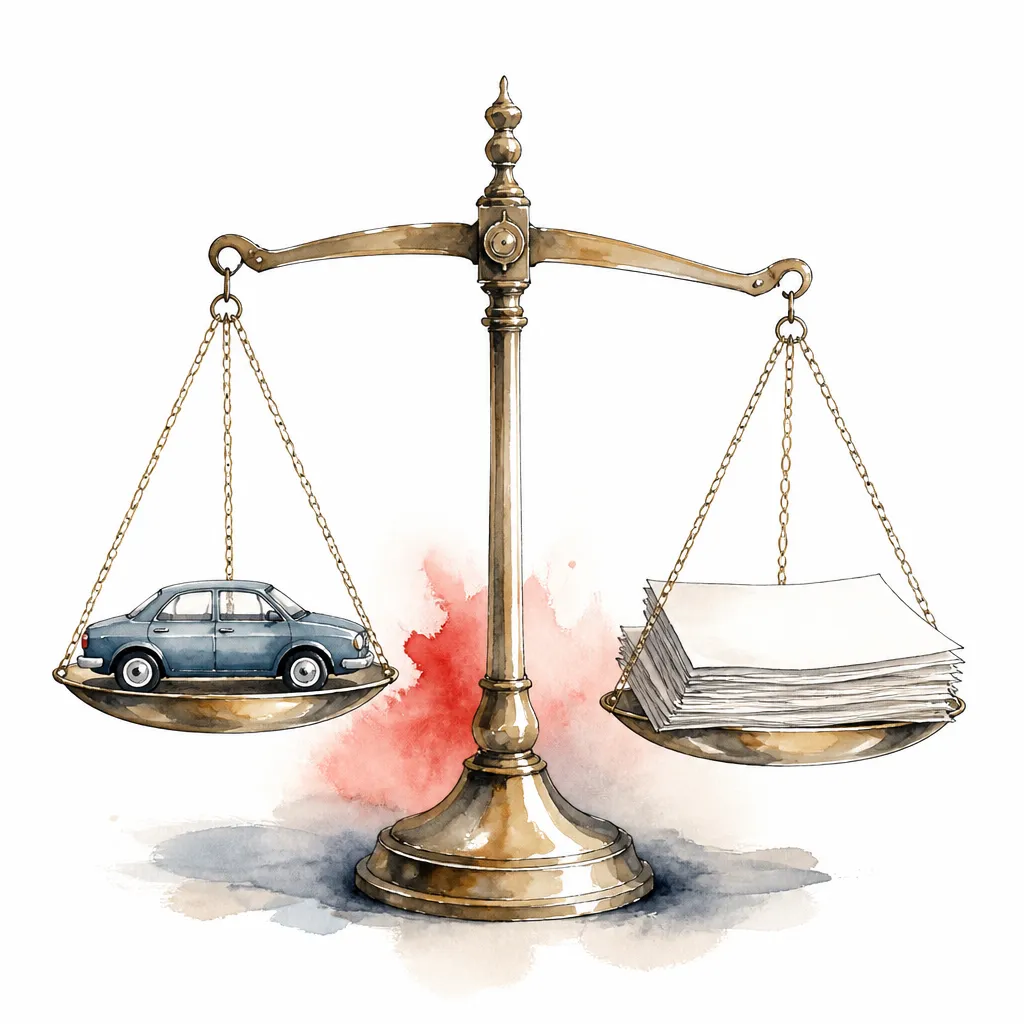 Watercolour close-up of a brass balance scale weighing a toy car against a stack of blank paper.