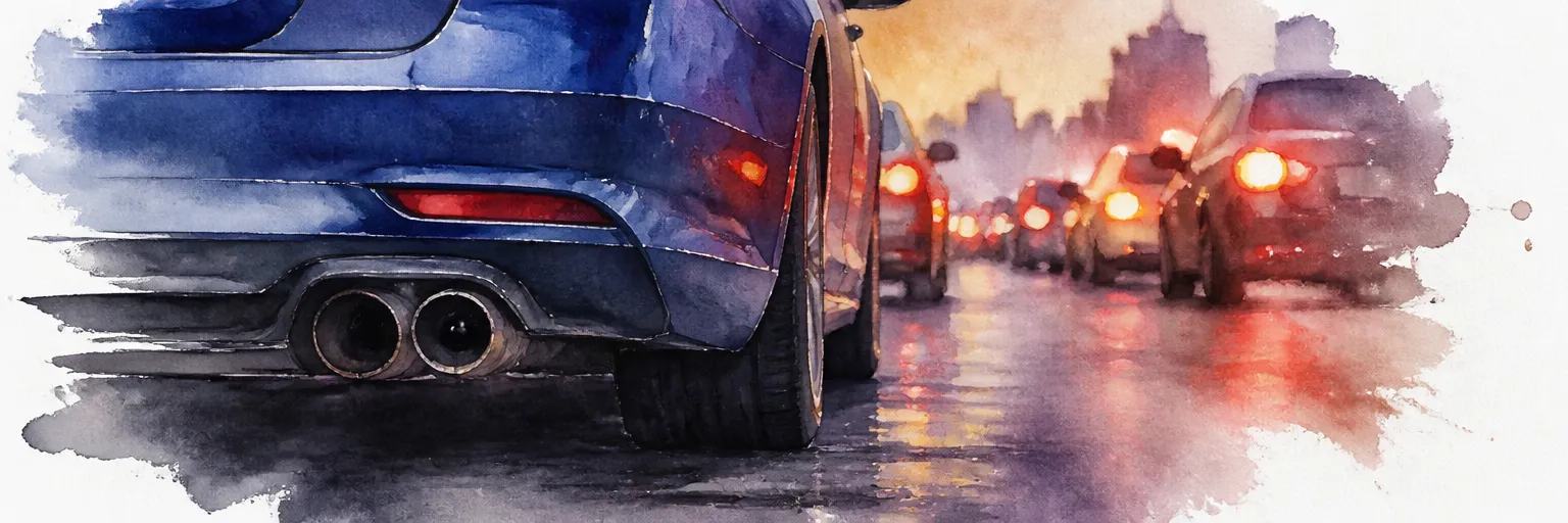 Watercolour illustration of a deep blue saloon in evening city traffic with sooty darkened exhaust tips.