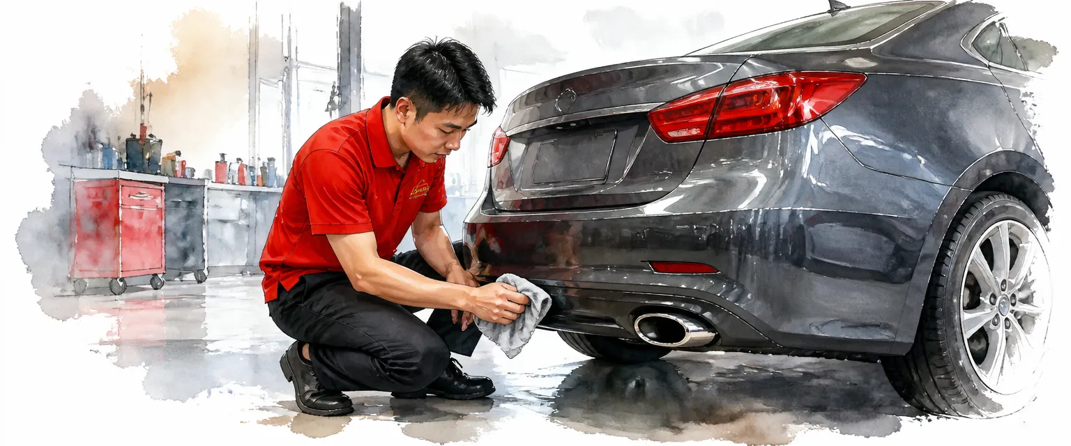 Watercolour illustration of a technician in a red polo shirt polishing the chrome exhaust tip of a dark grey saloon inside a bright workshop.