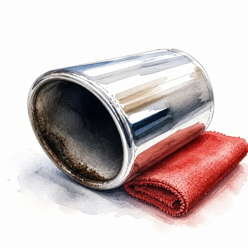 Watercolour close-up of a stainless steel exhaust tip beside a folded polishing cloth.