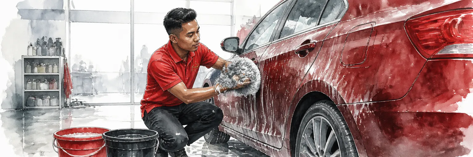 Watercolour illustration of a technician in a red polo shirt washing a dark red saloon with a mitt and buckets in a bright wash bay.