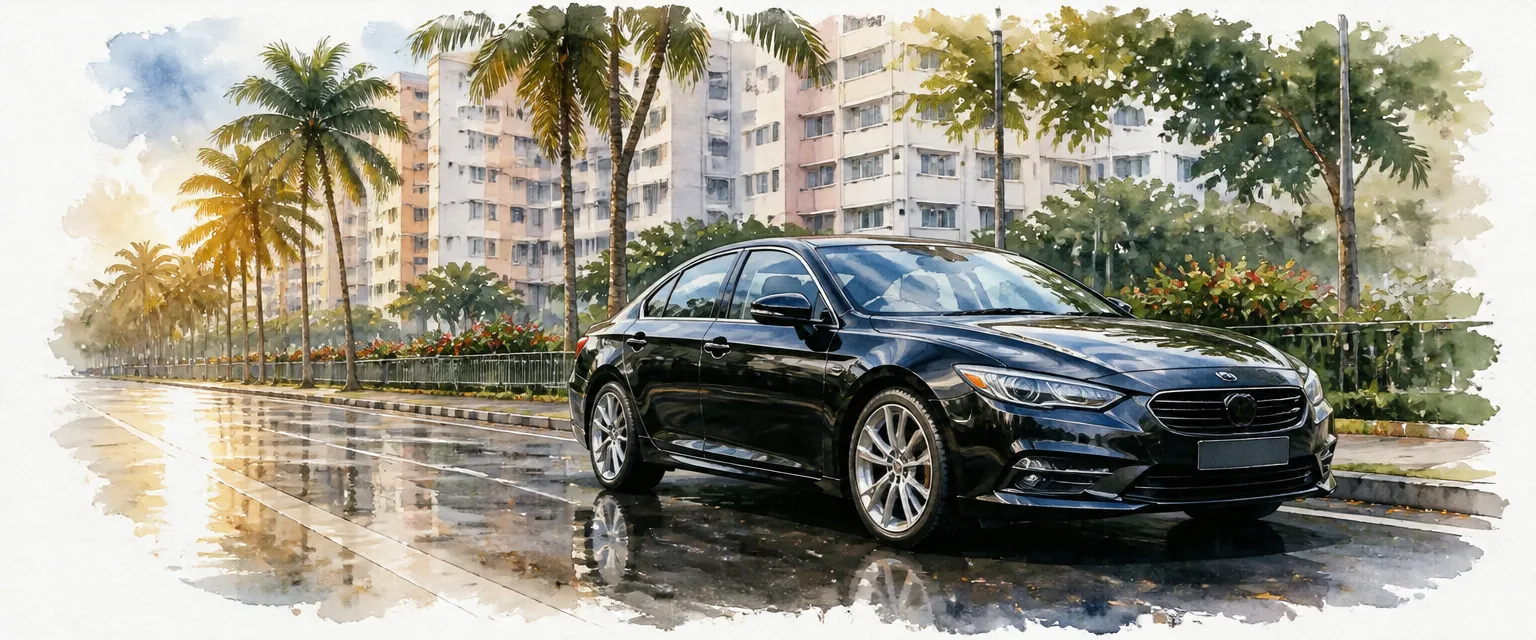 Watercolour illustration of a gleaming freshly detailed black saloon on a wet palm-lined street with sun breaking through after rain.
