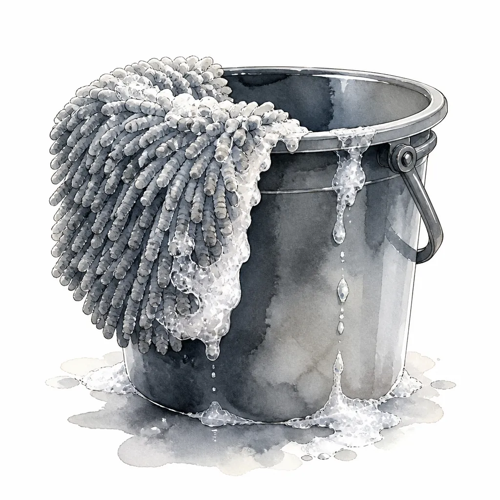 Watercolour close-up of a microfibre wash mitt draped over the rim of a wash bucket.