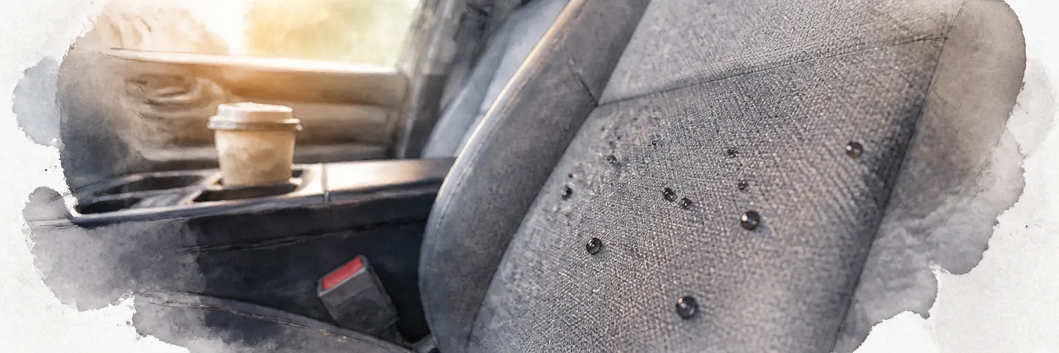 Watercolour close-up of liquid droplets beading on a protected grey fabric car seat.