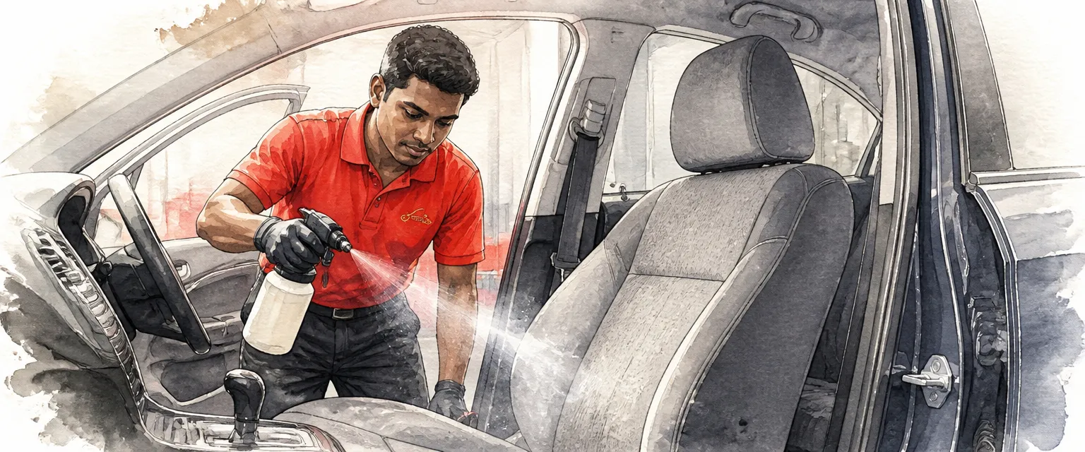 Watercolour illustration of a technician in a red polo shirt spraying fabric protection onto a cleaned car seat inside a workshop.