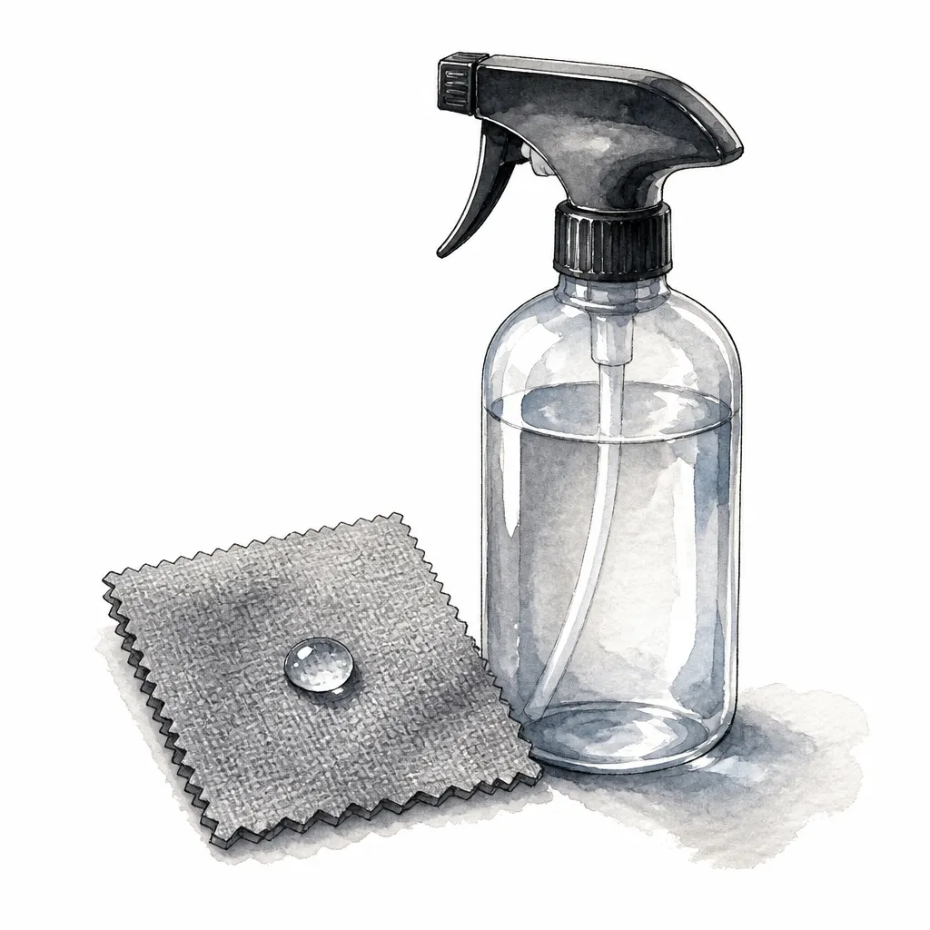 Watercolour close-up of a trigger spray bottle of fabric protectant beside a swatch of seat fabric.