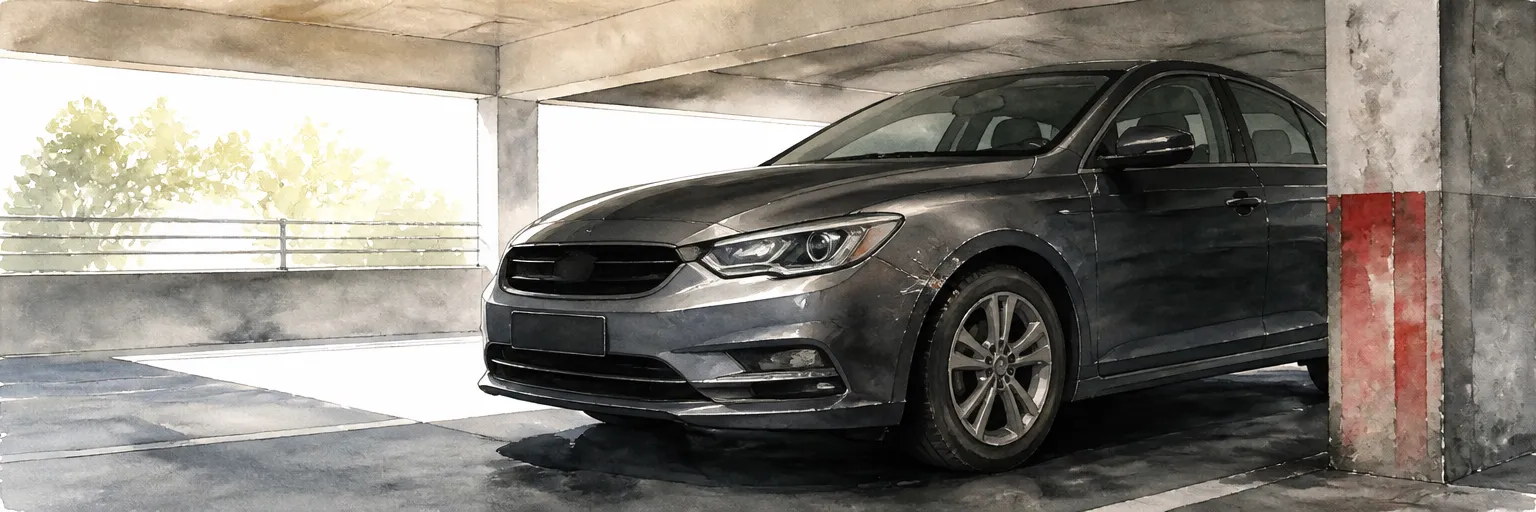 Watercolour illustration of a charcoal saloon in a multi-storey carpark with a scraped front wing near a concrete pillar.