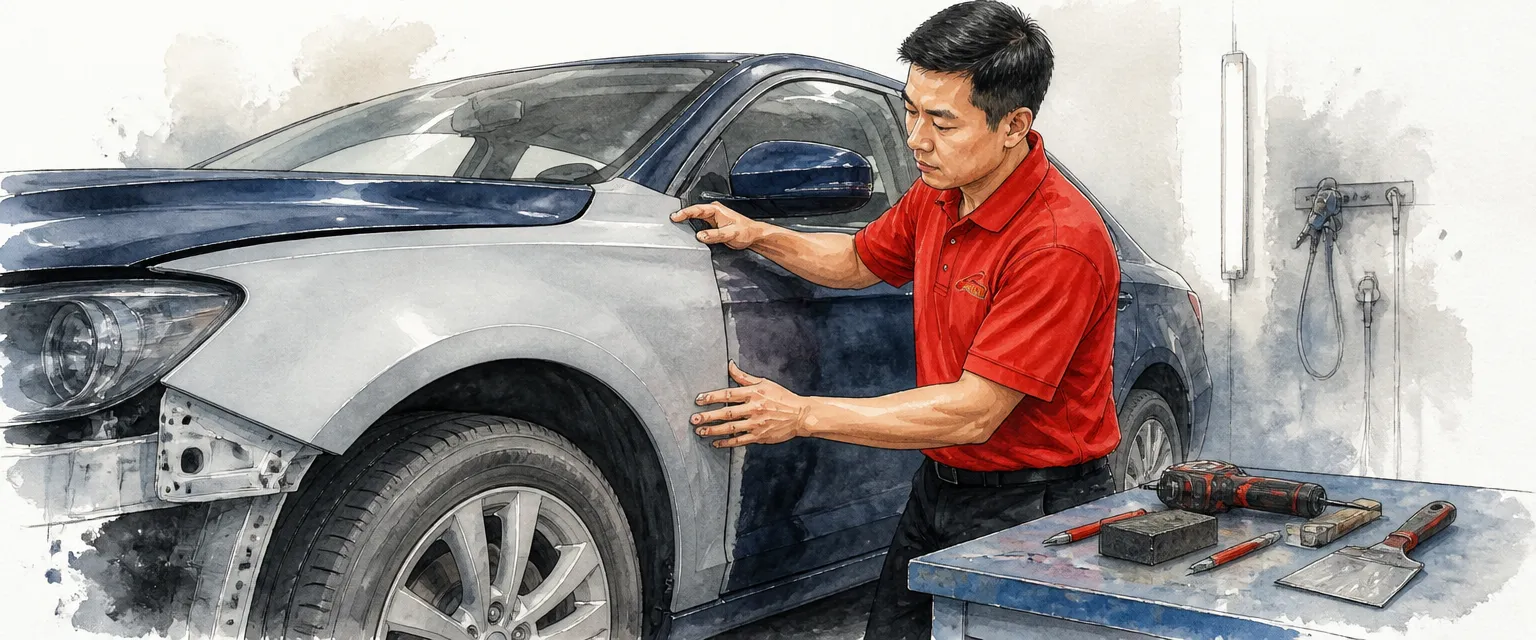 Watercolour illustration of a technician in a red polo shirt fitting a primer grey fender to a dark blue saloon and checking the panel gap.