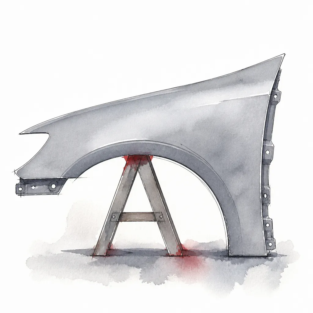 Watercolour close-up of a bare front fender panel in primer grey propped upright.