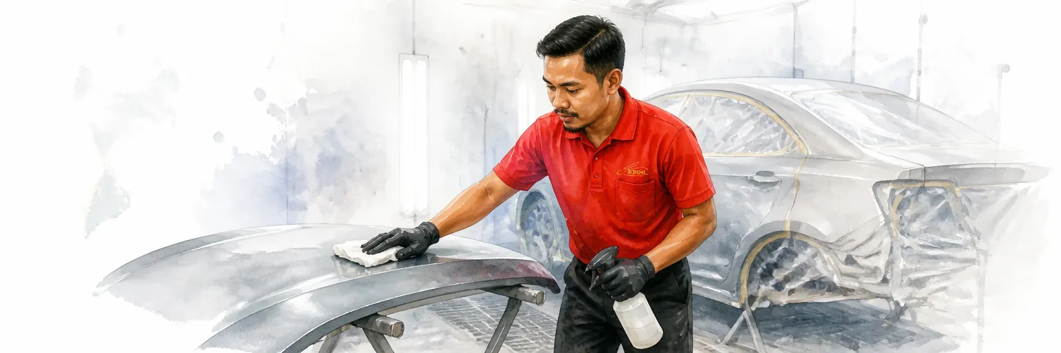 Watercolour illustration of a technician in a red polo shirt degreasing a panel with a lint-free cloth before spraying.