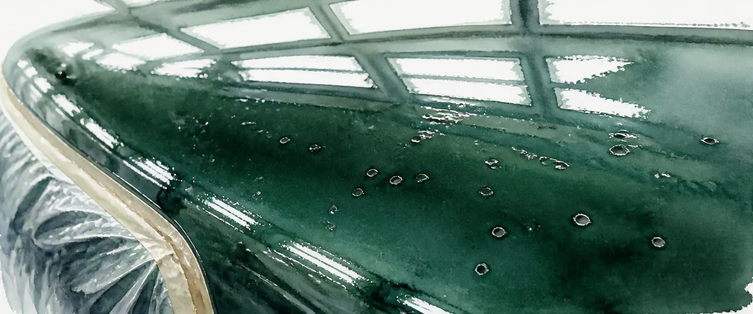 Watercolour close-up of small round fish-eye craters in freshly sprayed glossy dark green paint inside a booth.