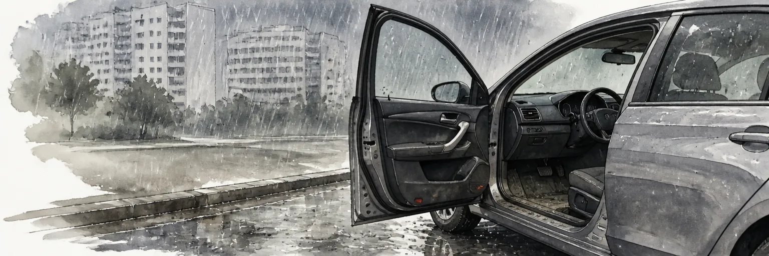 Watercolour illustration of an open car door in heavy rain showing a muddy fabric floor mat inside.