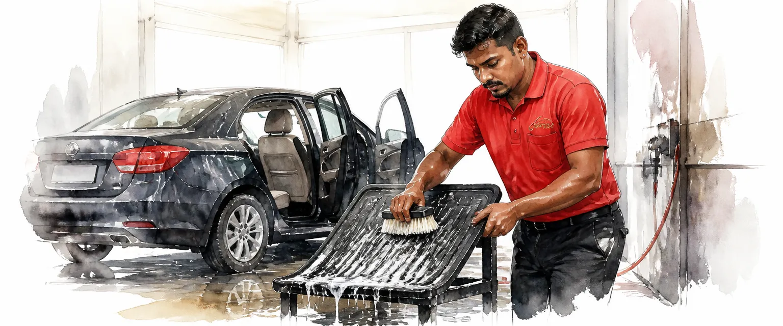 Watercolour illustration of a technician in a red polo shirt scrubbing a rubber floor mat in a bright wash bay.