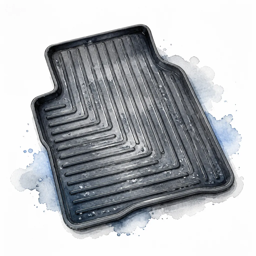 Watercolour close-up of a ribbed rubber car floor mat with rinse water standing in its channels.
